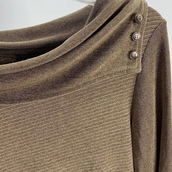 Chicos Travelers Womens Slinky Knit Brown Gold Ribbed Asymmetric Hem Top Sz 0 S - Picture 6 of 10